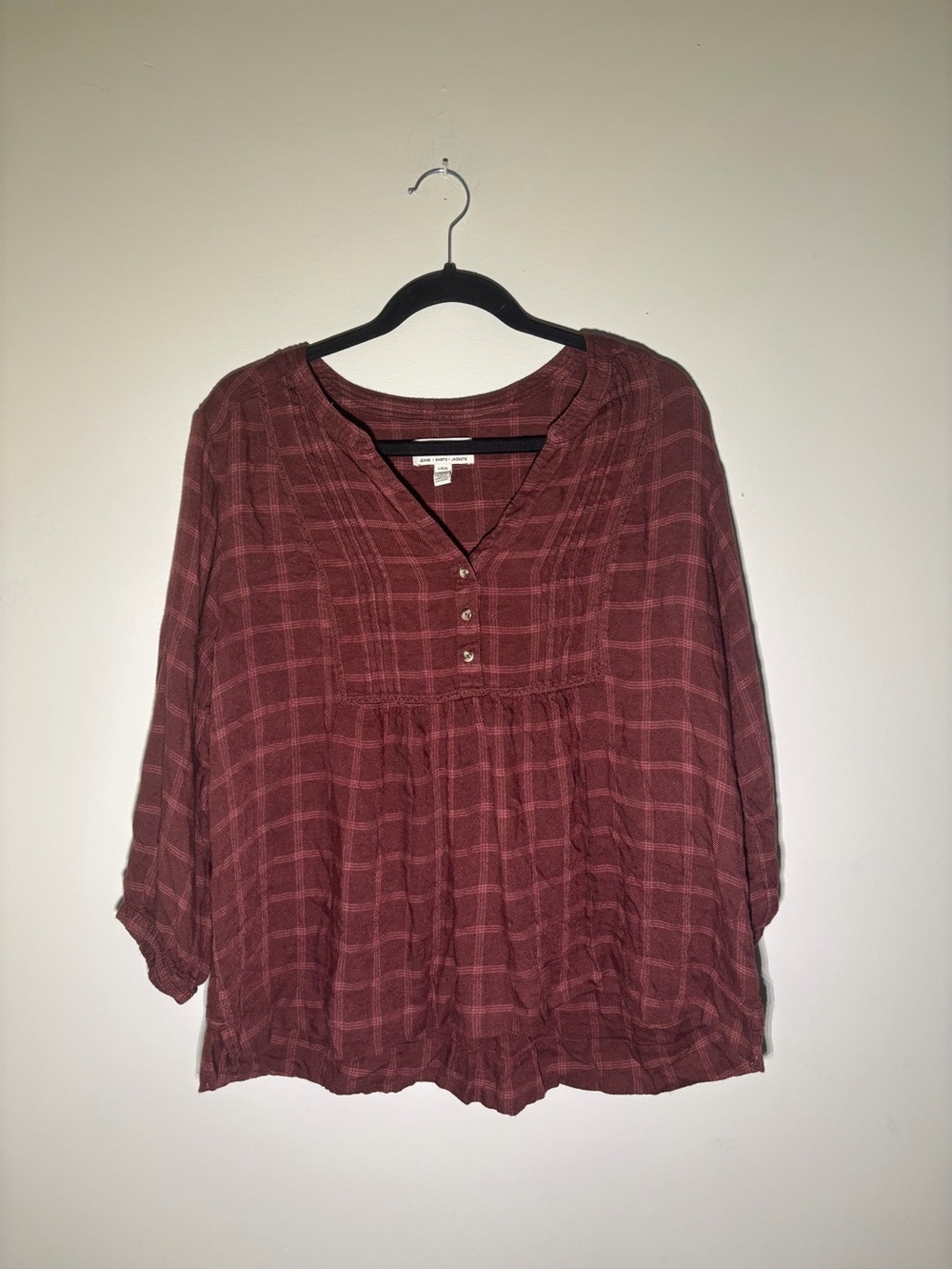 Wrangler Brick Red Plaid Henley Peasant Blouse